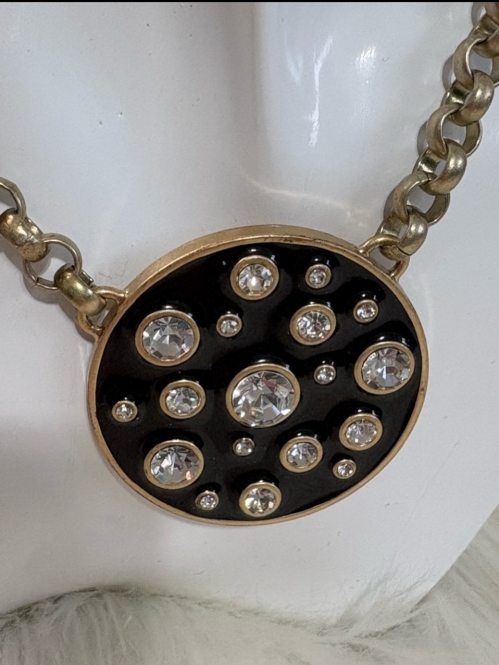 (145)Gold-Tone Necklace with Black Crystal-Studded Pendant